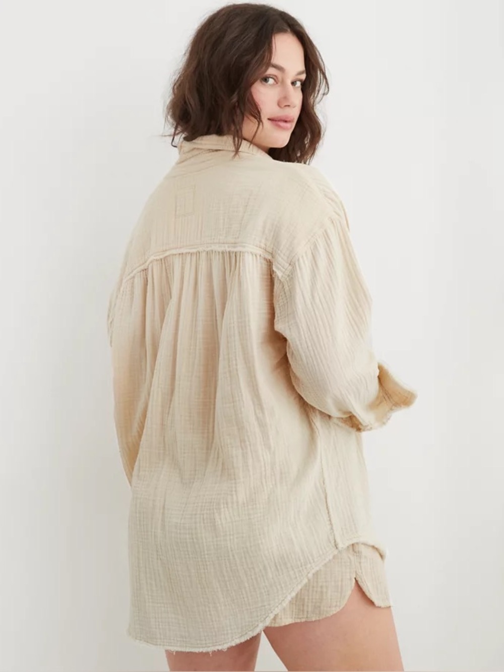 Aerie Soft Oat 100% Cotton Oversized Gauzy Coverup Shirt Sz M Coastal Minimalist - Picture 3 of 10